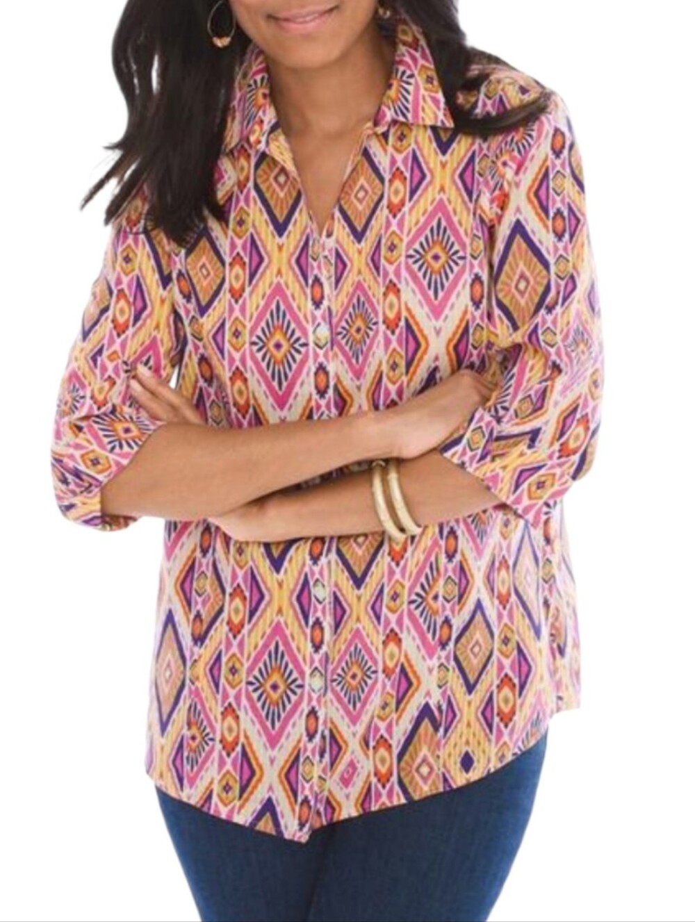 Chico's Linen Ikat Aztec Button Up Shirt Orange Pink Purple Button Back